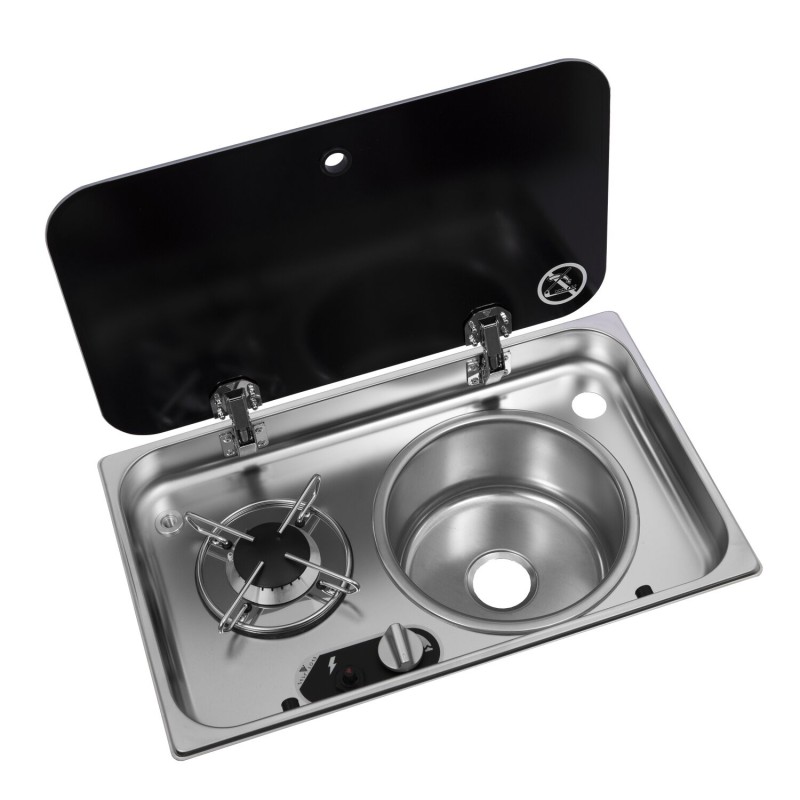 réchaud à gaz 1 feu encastrable avec couvercle en acier inoxydable + évier à droite 526 ×326 - navy load 400278