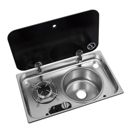 réchaud à gaz 1 feu encastrable avec couvercle en acier inoxydable + évier à droite 526 ×326 - navy load 400278