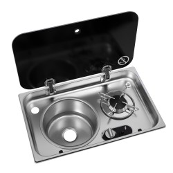 réchaud à gaz 1 feu encastrable avec couvercle en acier inoxydable + évier à gauche 526 ×326 - navy load 400279