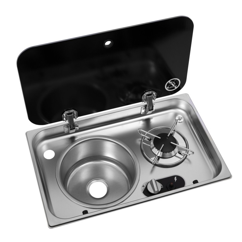 réchaud à gaz 1 feu encastrable avec couvercle en acier inoxydable + évier à gauche 526 ×326 - navy load 400279