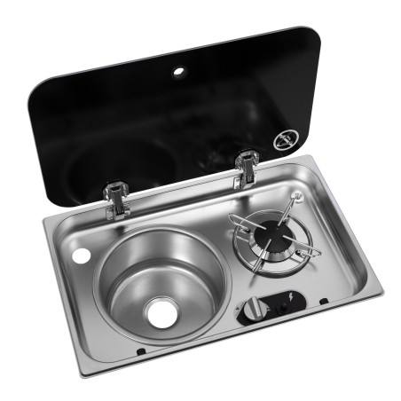 réchaud à gaz 1 feu encastrable avec couvercle en acier inoxydable + évier à gauche 526 ×326 - navy load 400279