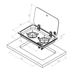 réchaud à gaz encastrable avec couvercle en acier inoxydable 2 feux 530 ×326 - navy load 400277